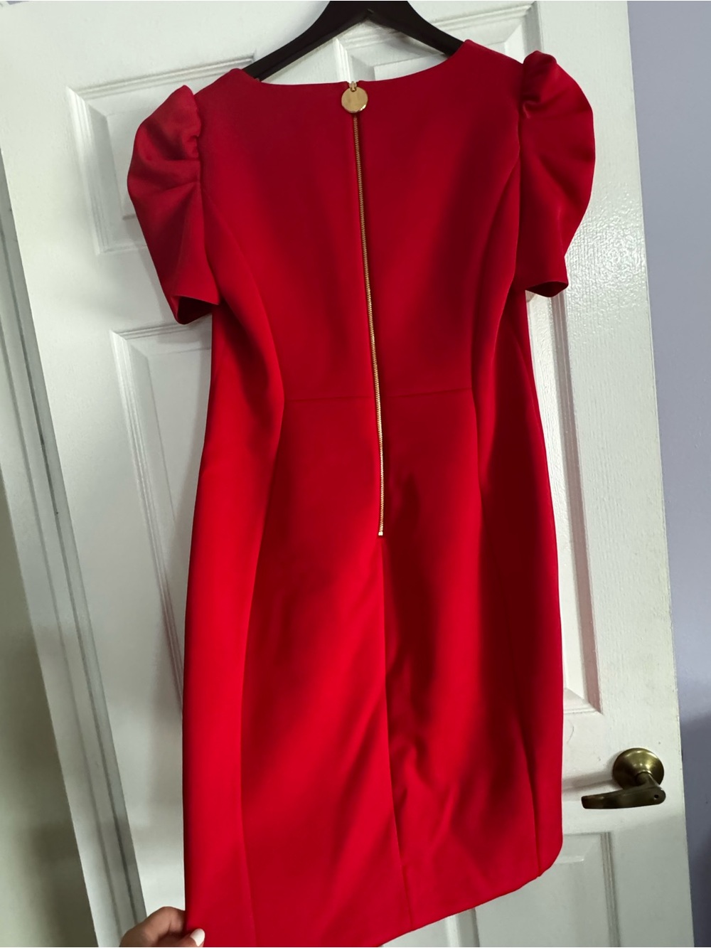 Calvin Klein Red Midi Dress with Puff Sleeves and Gold Back Zip